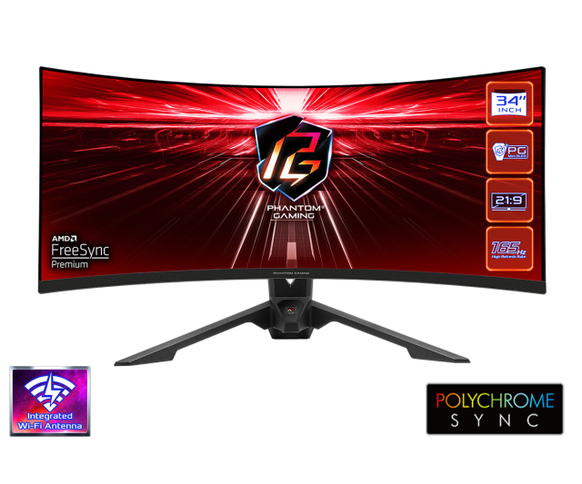 Монитор ASRock PG34WQ15R3A, 34" (86.36 cm) UHD (3440 x 1440) VA 1500 Curved, 165Hz, 1ms, HDMI, DisplayPort, AMD FreeSync WiFi