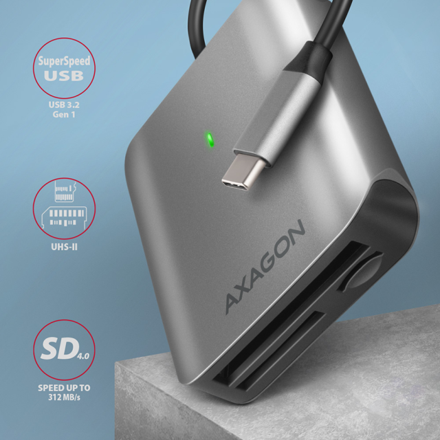 Четец за карти AXAGON CRE-S3C - aлуминиеви високоскоростни, SD/SDHC/SDXC/MicroSDHC/microSDXC, CompactFlash, MMC mobile, RS-MMC, TransFlash, USB Type-C 3.2 Gen1
